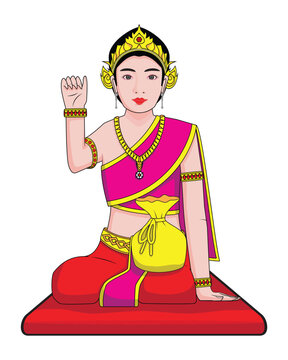 Thai wealth goddess or fairy or angel called Nang Kwak sitting and waving hand drawing in colorful cartoon vector 