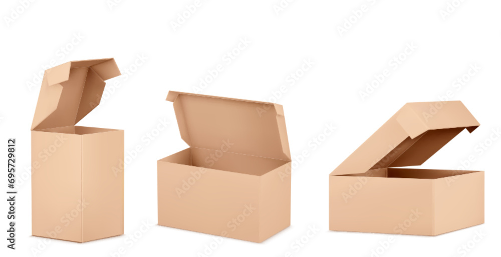 Poster brown open cardboard box mockup. realistic vector illustration set of blank craft carton package of 