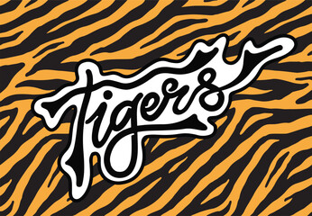 Tiger lettering logo on repeated pattern. Vector background  print illustration. - 695729808