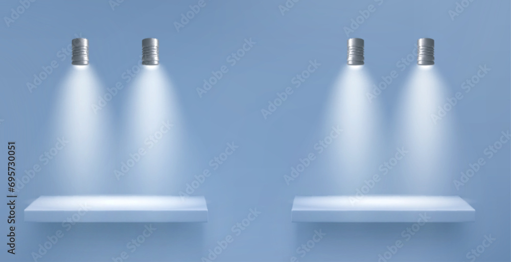 Poster blue wall with two empty shelves and hanging light lamp for product display. realistic vector illust