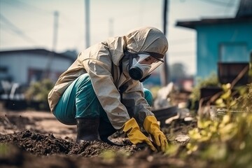 Young male gardener working in vegetable garden, wearing protective mask and gloves. - obrazy, fototapety, plakaty