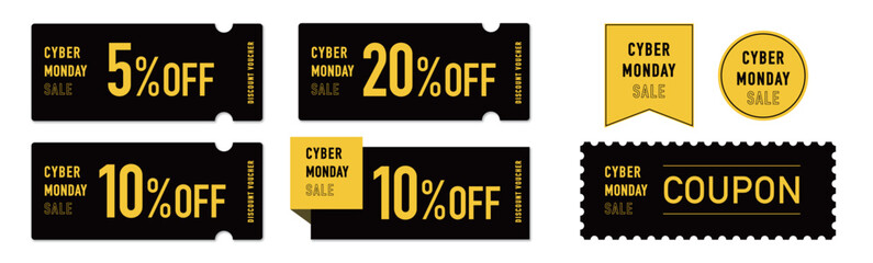 サイバーマンデーセールに使える黒と黄色のクーポンベクターデザイン素材セット1