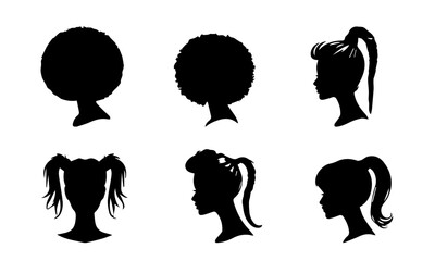 women different hairstyels detailed vectors or silhouettes set (Black and White) - obrazy, fototapety, plakaty
