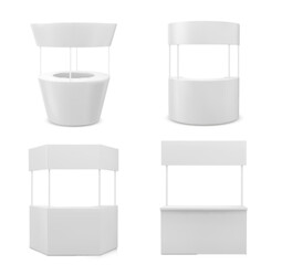 Advertising and promo booth stand. Realistic vector illustration set of white empty portable kiosk mockup with signboard. Blank retail trade, promoter and presentation stall of various shapes.