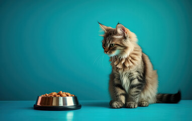Cute tabby kitten sits near food bowl - obrazy, fototapety, plakaty