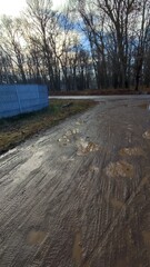 Spring, the sun is shining, there is dirt and puddles underfoot. Damaged rural road. A park