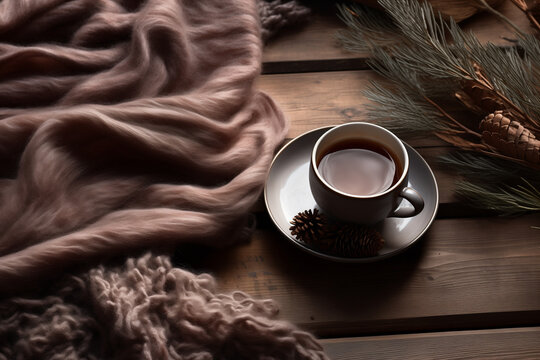 Tasse de th&eacute; fumante sur une table en bois avec du sapin et une couverture beige en cachemire, nature morte d'activit&eacute;s de saison hiver en mode cocooning