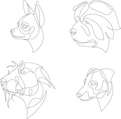Breeds of dogs drawn in minimal style set. One line dogs. Vector illustration.