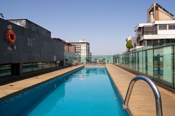 Porto Alegre, Rio Grande do Sul, Brazil -November 25, 2023: Swimming pool on the roof of the hotel