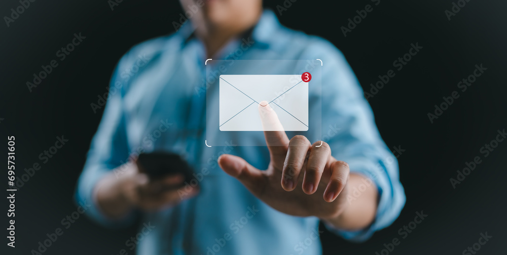 Poster New email notification concept for business e-mail communication and digital marketing.business people touch on email in virtual screen. internet technology.Inbox receiving electronic message alert.