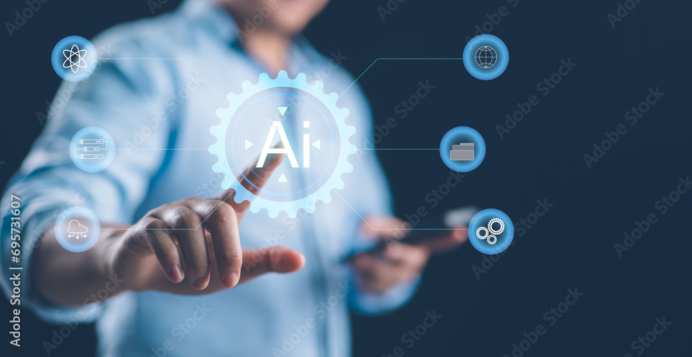 Aufkleber Business people touching on AI diagram. Cloud technology. Data storage. Networking and internet service concept. online data management system, information system for business.
