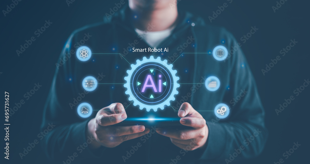 Poster Chat with AI, Artificial Intelligence. Man using technology smart robot AI, artificial intelligence by enter command prompt for generates something, Futuristic technology transformation.