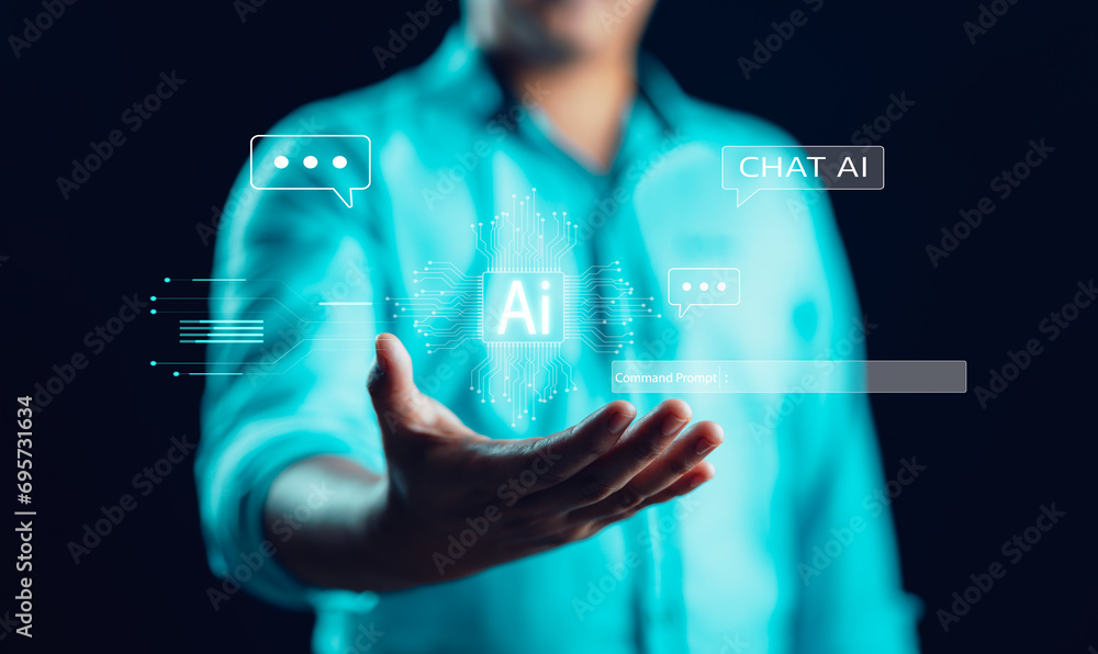 Poster AI, artificial intelligence technology concept. Human or businessman using command prompt for generates something, Futuristic technology transformation. Robot chat for business, management by AI.