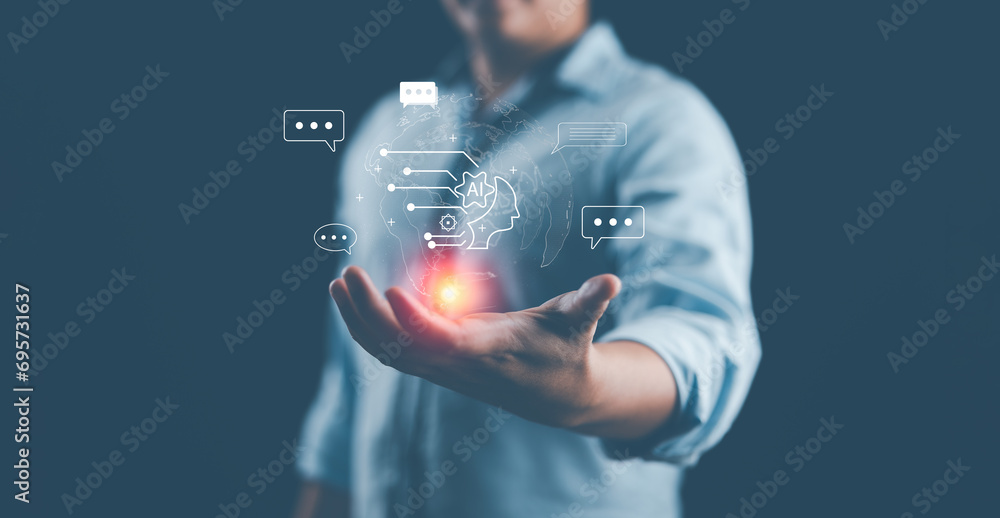 Poster AI, artificial intelligence technology concept. Human or businessman use AI tech for connection to global business. Robot chat for business, data management by AI technology smart robot..