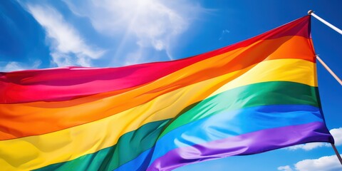 LGBT flag, full of colorful rainbows, billows in the breeze as it's waved by a hand adorned with a sweatband.