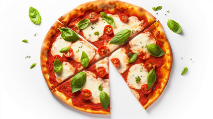 Top view of pizza with ham on white background, AI Generative.