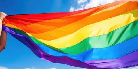 LGBT flag, full of colorful rainbows, billows in the breeze as it's waved by a hand adorned with a sweatband.