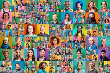 Diverse people mosaic. Social network or business team. Fictitious AI generated people. - obrazy, fototapety, plakaty