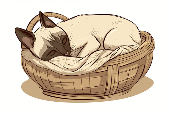 Siamois dormant paisiblement dans son panier, illustration mignonne de chat de race