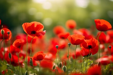 red poppies flowers landscape in nature generative ai 