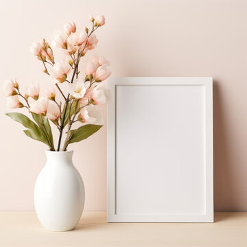 Mockup blank ornate picture frame with a vase of flowers sitting beside