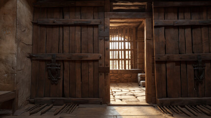 Old wooden door in the medieval castle.
