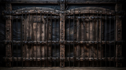 Fototapeta na wymiar Old wooden door with iron bars on a dark background