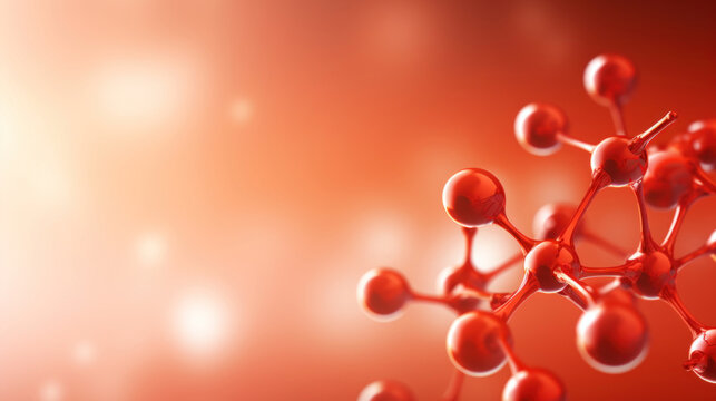 Molecular structure on a red background.