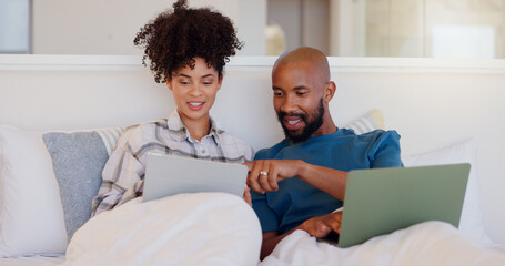 Home, bed and black couple with a laptop, typing and smile with love, bonding and streaming a...
