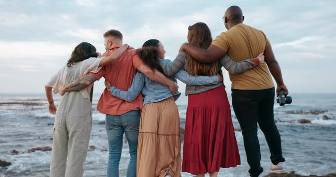 Happy, back view or friends hug at beach for travel, sightseeing or fun on holiday vacation for support. Nature, wellness or people relax at sea or ocean with peace, freedom or bond together in Miami
