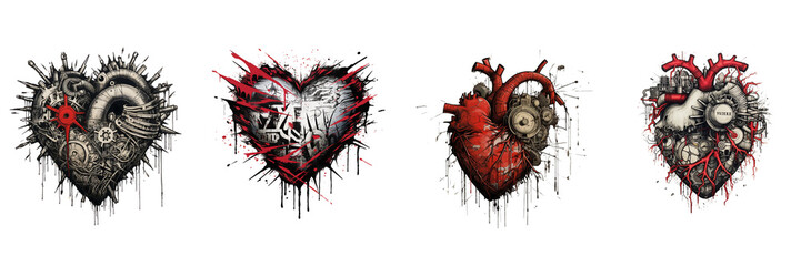 A hyper-detailed punk logo heart tattoo, featuring distressed textures and bold linework on a transparent background