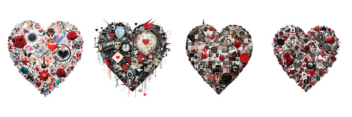 A mosaic-style arrangement of punk elements forming a heart tattoo design, presented with realism against a crisp white surface on a transparent background