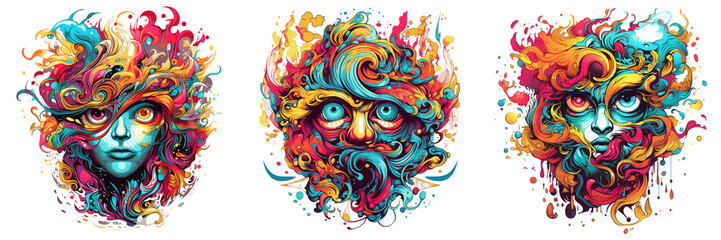 A psychedelic T-shirt design with swirling patterns and vibrant colors, creating an eye-catching composition against on a transparent background