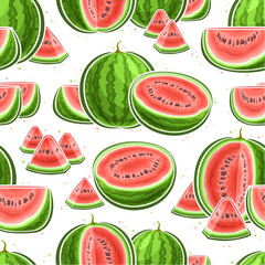 Vector Watermelon Seamless Pattern, decorative repeating background with chopped juicy watermelon composition, square poster with flying flat lay watermelon parts on white background for home interior