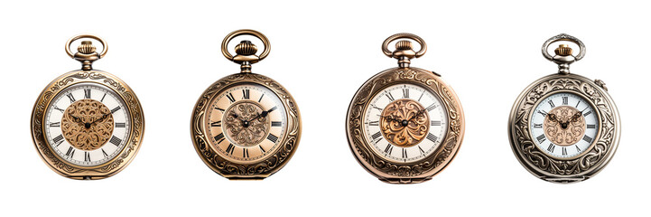 A vintage pocket watch with ornate engravings, isolated on a pristine on a transparent background - obrazy, fototapety, plakaty