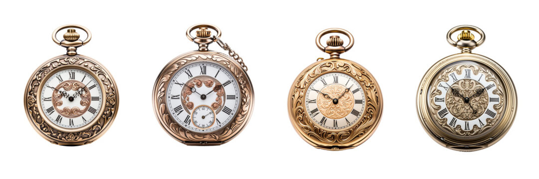 A vintage pocket watch with ornate engravings, isolated on a pristine on a transparent background