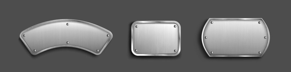Set of steel tags with blank metal surface isolated on black background. Vector realistic illustration of silver or iron bolted plates, shiny button frames, nameplate badges with light reflection