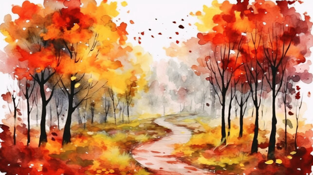 Abstract art autumn background with watercolor maple leaves and trees, Beautiful autumn leaves watercolor, ai generative