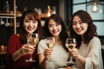 Three Korean women having a home party and toasting with cups. Generative AI.