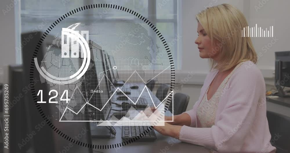 Poster animation of icons and data processing over caucasian woman using computer keyboard