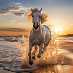 Winning photo, wild white horse running free on the beach sunset