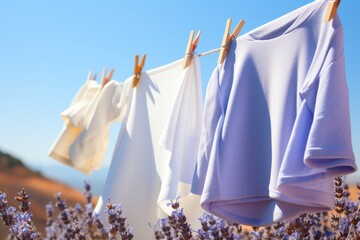 Lavender, Clothes hanging on a clothesline to dry against a bright blue sky. Generative AI.