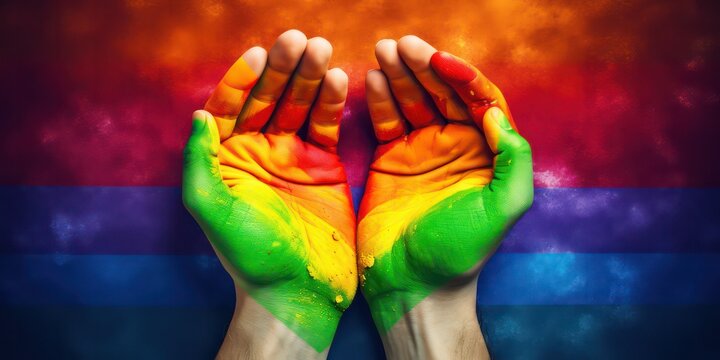 Two hands forming a heart shape in front of a vibrant rainbow flag. This image symbolizes love and support for the LGBT