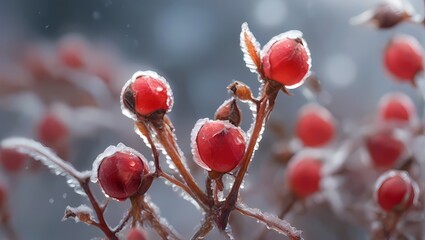 berries in snow Frozen forest. Crataegus, commonly called hawthorn, quickthorn, thornapple, May-tree, whitethorn, or hawberry. Winter icing of plants. Light swirl
