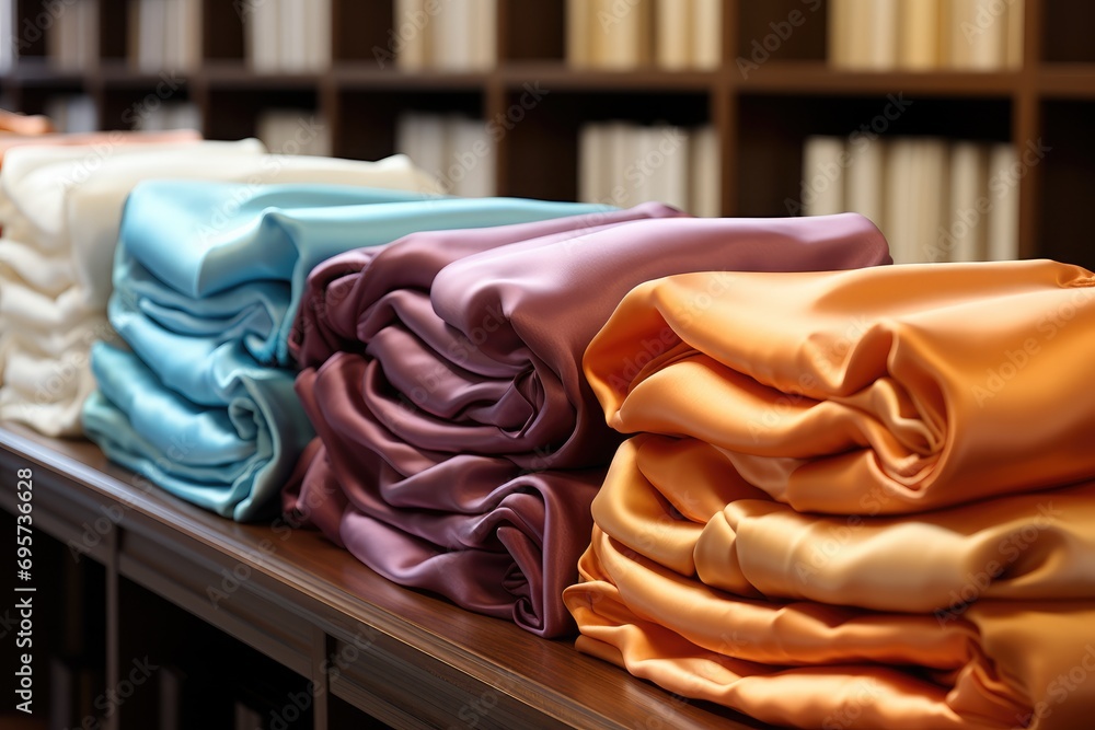 Poster satin store, various colors and patterns of satin linen neatly full of wooden counters. generative a