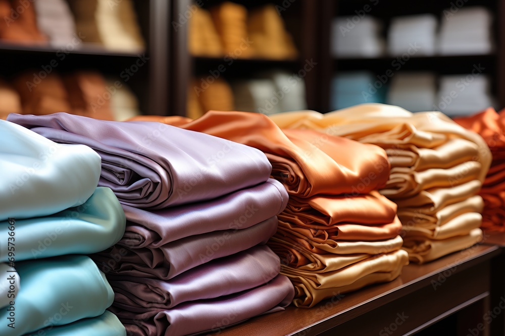 Poster satin store, various colors and patterns of satin linen neatly full of wooden counters. generative a