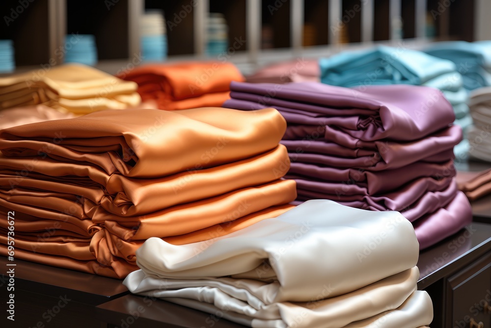 Poster Satin store, various colors and patterns of satin linen neatly full of wooden counters. Generative AI.