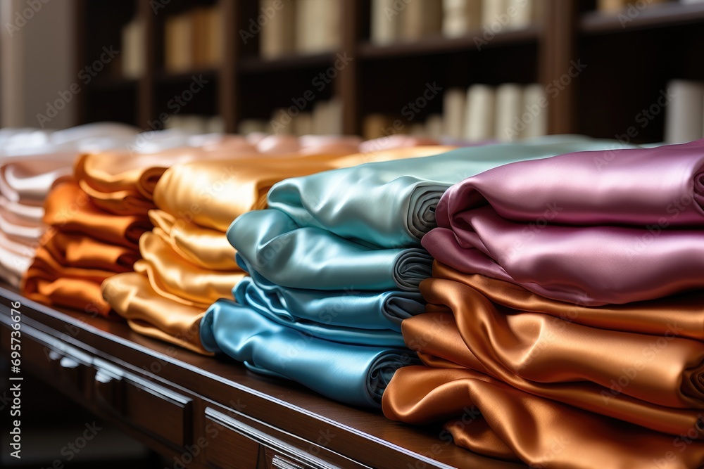 Aufkleber satin store, various colors and patterns of satin linen neatly full of wooden counters. generative a