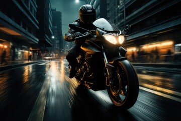 Ride a motorcycle on dark environment, Urban background. Generative AI.
