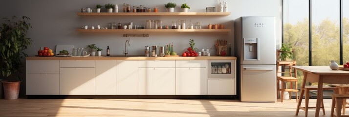 Simplicity Kitchen with Emptiness, Bright, Refrigerator. Generative AI.